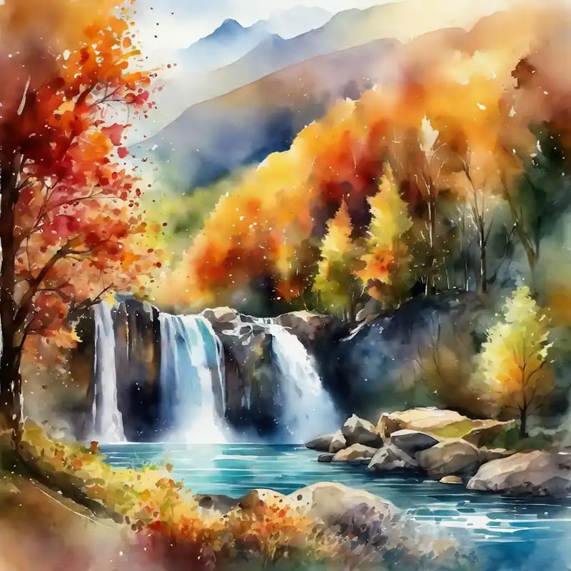 Picturesque Valley Surrounded Fall Tees, Waterfalls, Landscape, Watercolor Shop Now