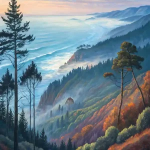 Van Gogh Style Misty Coast Mountain & Ocean Landscape Super Sale