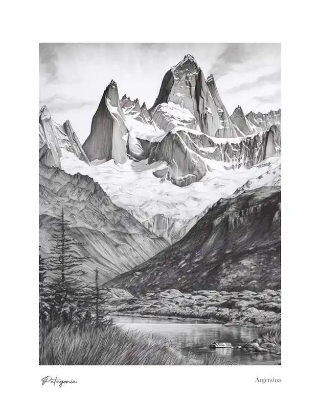 Patagonia Argentina Pencil Sketch 5 Watercolour Travel Poster Fast Shipping