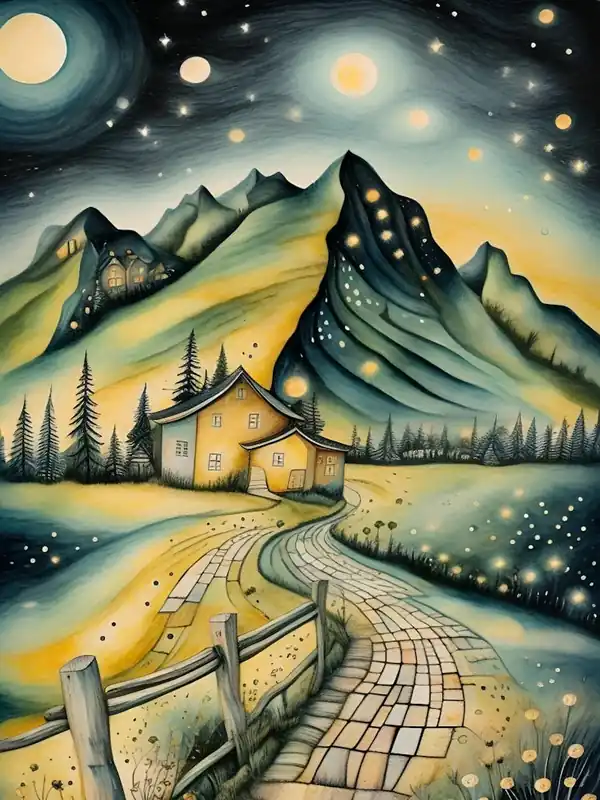 Holiday Sale Dreamy Starlit Cottage | Fantasy Mountain Landscape Wall Art