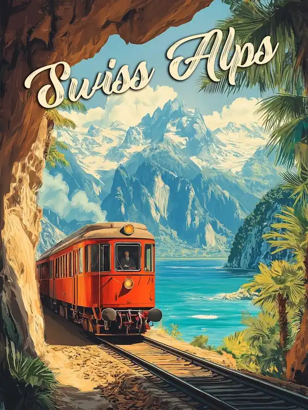 Red Steam Locomotive Souvenir: Vintage Swiss Alps Poster Clearance