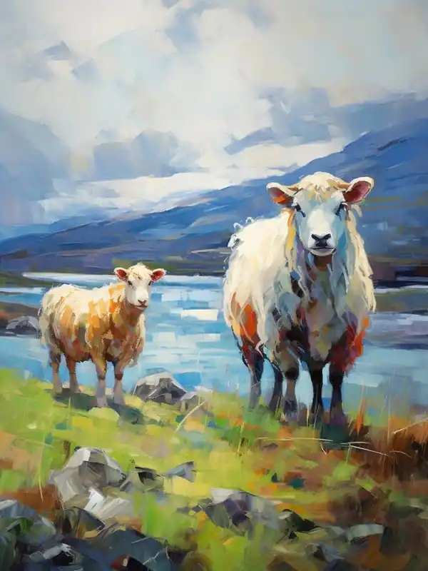 Impressionism Style Sheep By The Lake In The Highlands 2 Super Sale