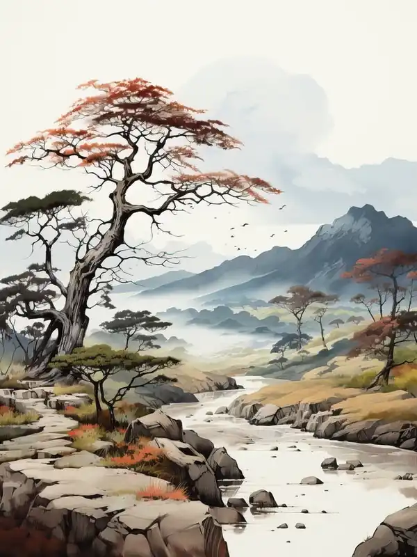 Aso Kuju National Park In Kumamoto, Japanese Brush Painting, Ukiyo E, Minimal 4 Time-Limited