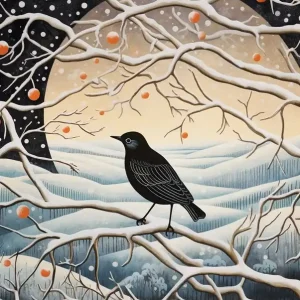 Winter Bird Painting Blackbird 4 Hot Deal