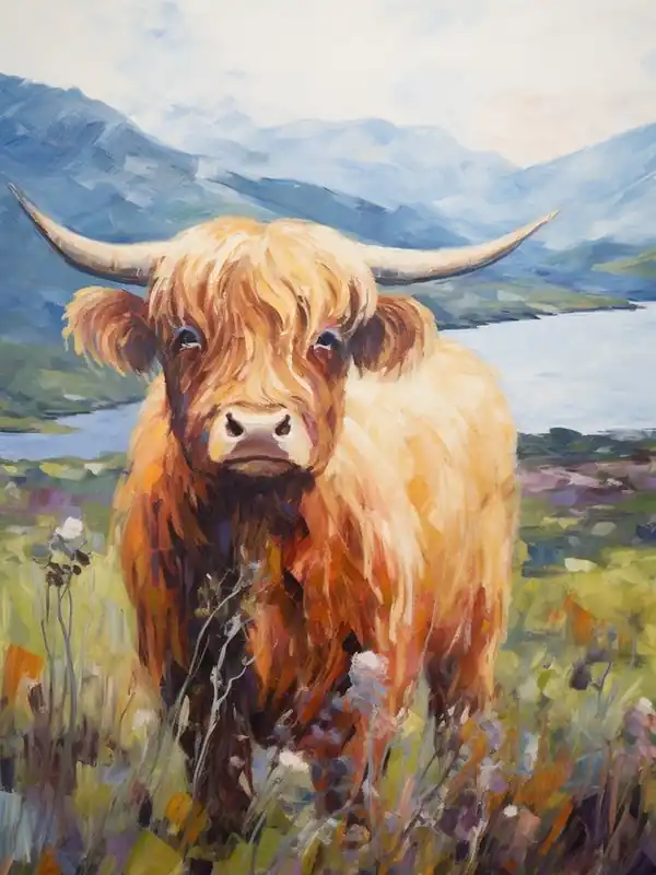 One Day Deal Brushstroke Impressionism Style Painting Of A Highland Cow In The Scottish Valley 4
