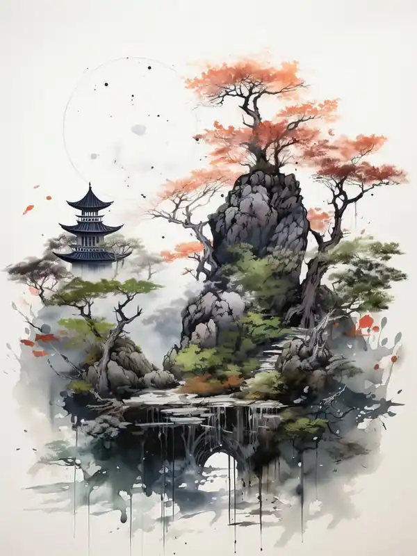 Rikugien Garden In Tokyo, Japanese Brush Painting, Ukiyo E, Minimal 4 Best Seller