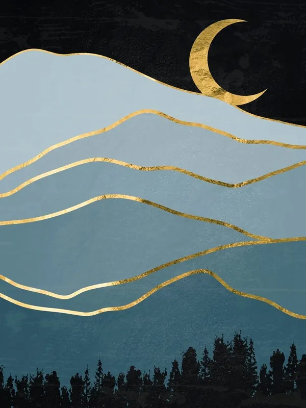 Moonlight Over The Mountains Canvas Print - Golden landscape with moon #7, Japanese gold poster Holiday Sale
