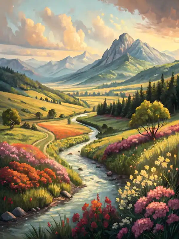 Oil Painting Style Riverside Mountain Valley Vibrant Floral Landscape Limited Edition