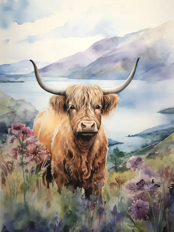 Reduced Price Highland Cow With Lake In The Background