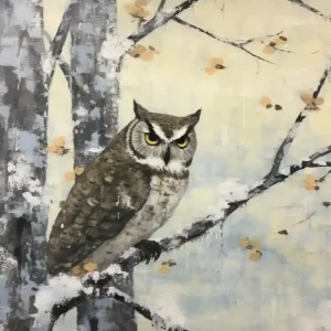 Vintage Winter Animal Painting Owl 2 Sale
