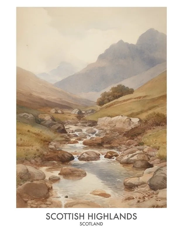 High Quality Scottish Highlands 3 Watercolour Travel Poster