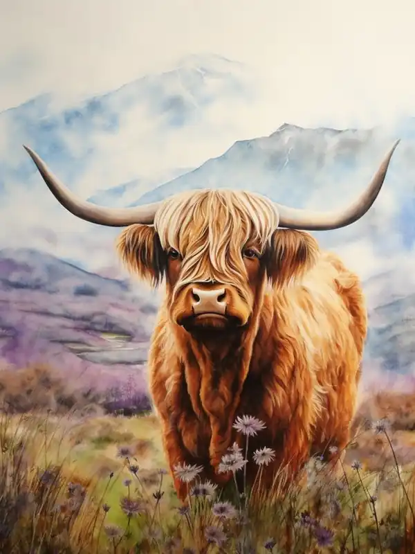 Today Only Watercolour Mountain Highland Cow 3