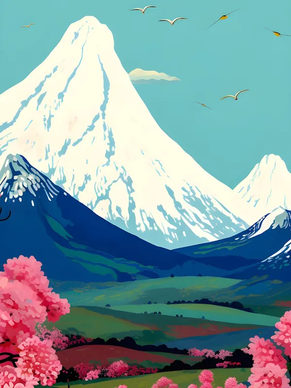 Top Rated Serene Mountain Landscape Snowy Peak With Cherry Blossoms Tranquil Nature