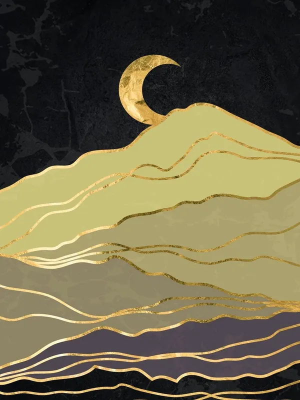 Gold And Black - Golden landscape with moon #5, Japanese gold poster Limited Offer