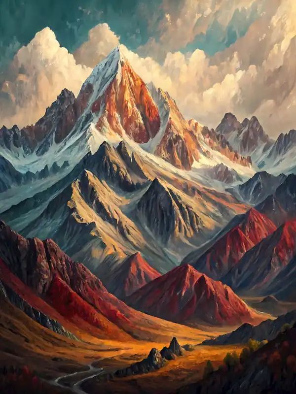 Special Offer Majestic Mountain Peaks oil Painting Vibrant Landscape with Snowy Tops and Colorful Valleys