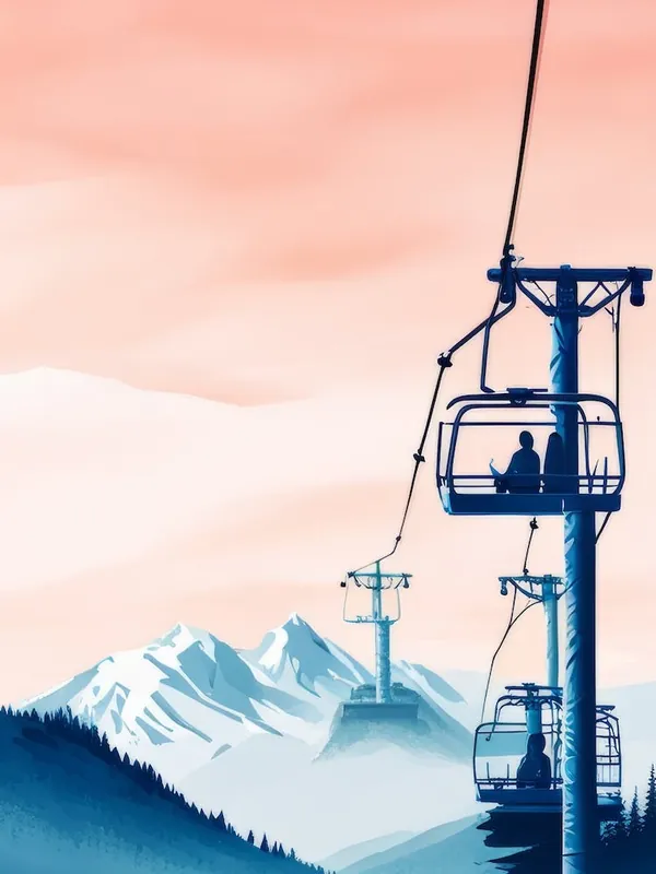Silhouette Ski Chair Lift Pink Sky Evening High Piste Misaligned Seasonal Sale