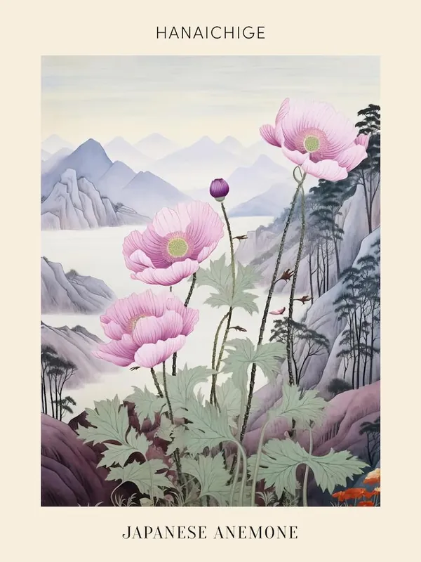 Hanaichige Japanese Anemone 2 Japanese Botanical Illustration Poster High Quality