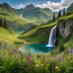 Worldwide Shipping Waterfall In Lush Green Mountains With Wildflowers And Lake