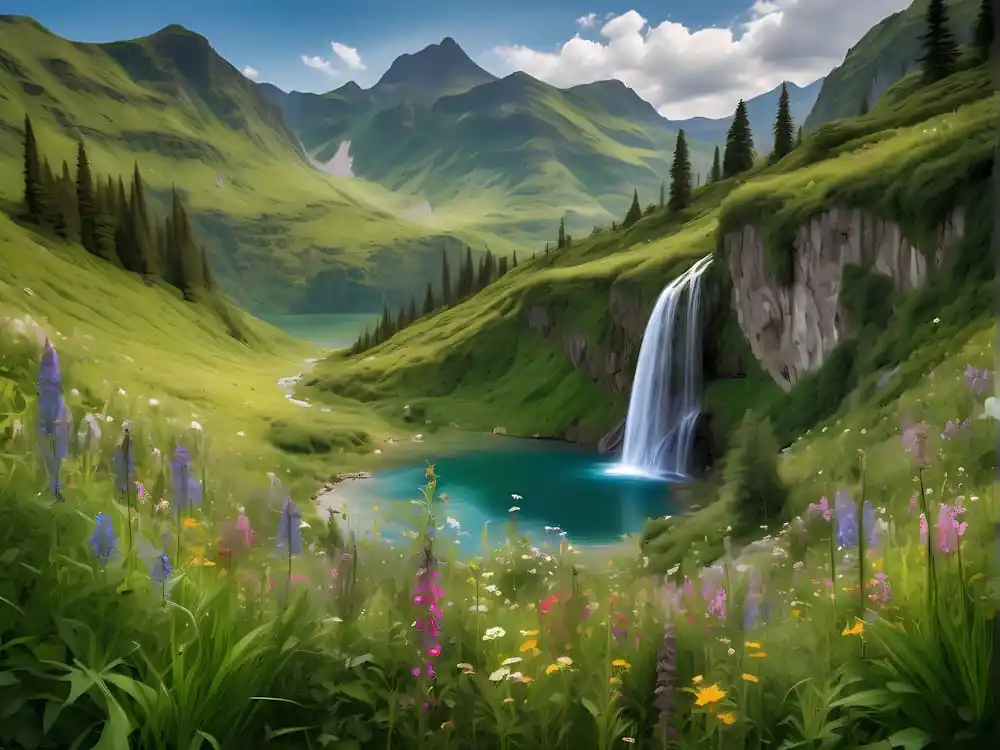Worldwide Shipping Waterfall In Lush Green Mountains With Wildflowers And Lake