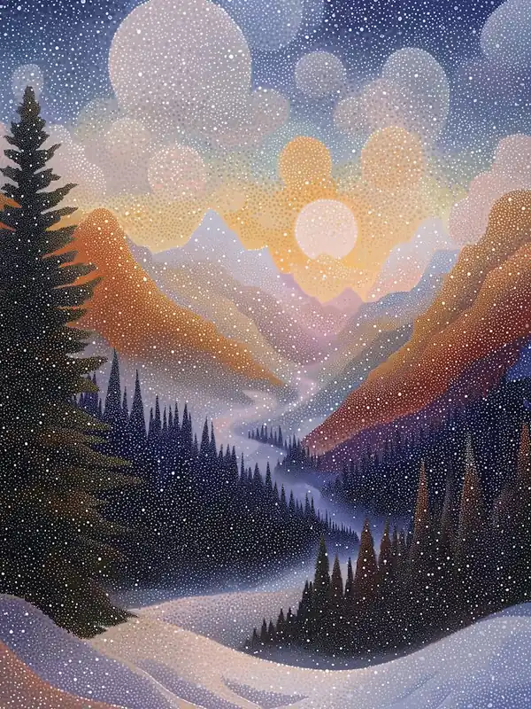 Winter Mountain Valley In Pointillist Style Poster Must Have