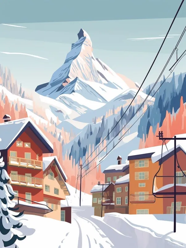 Deal Vintage Winter Travel Illustration Zermatt Switzerland 1
