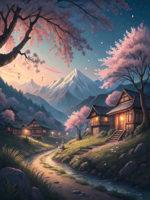 Oil Painting Style Tranquil Sakura Mountain Village Japanese Landscape at Dusk Trending
