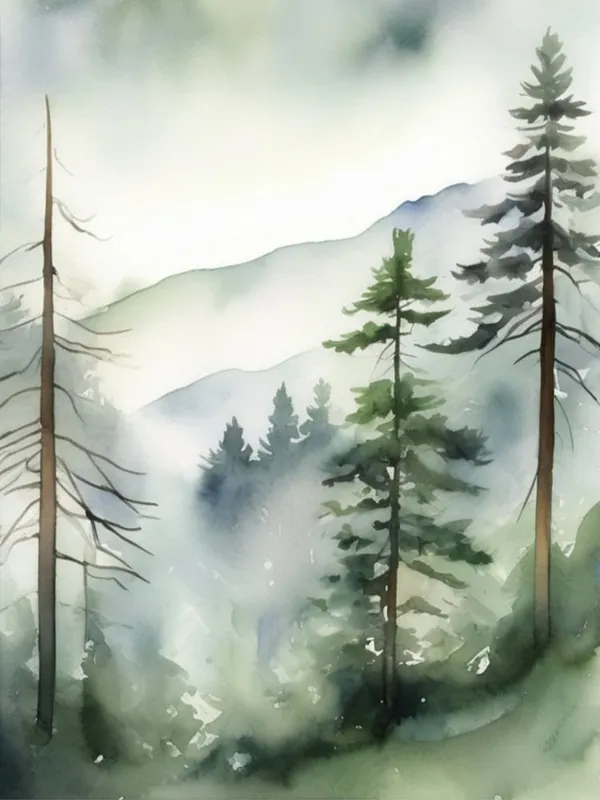 One Day Deal Appalachian Mountains of Misty Pines Watercolor Print of Evergreen Forest..135
