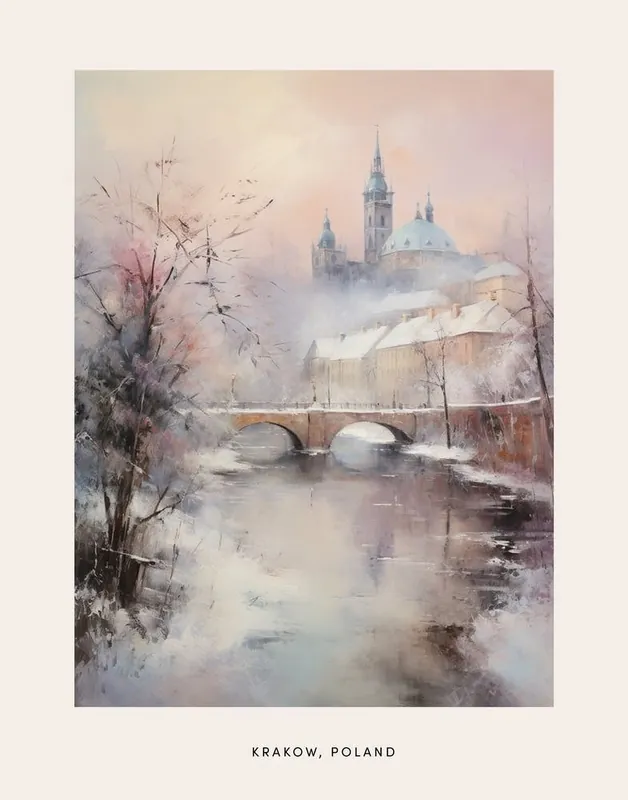 Handmade Dreamy Winter Painting Poster Krakow Poland 1