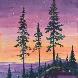 Sunset With Pine Trees Fresh Stock