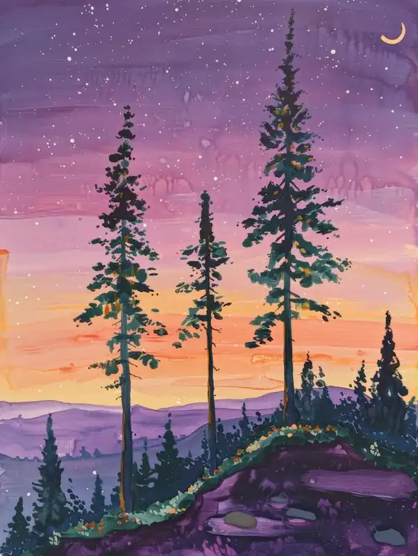 Sunset With Pine Trees Fresh Stock