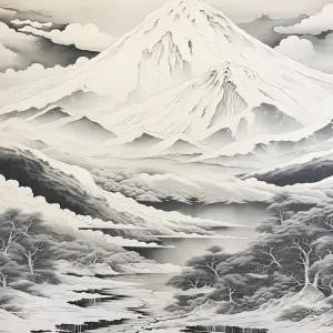 Yatsugatake Mountains In Yamanashi, Ukiyo E Black And White Line Art Drawing 3 Instant Buy