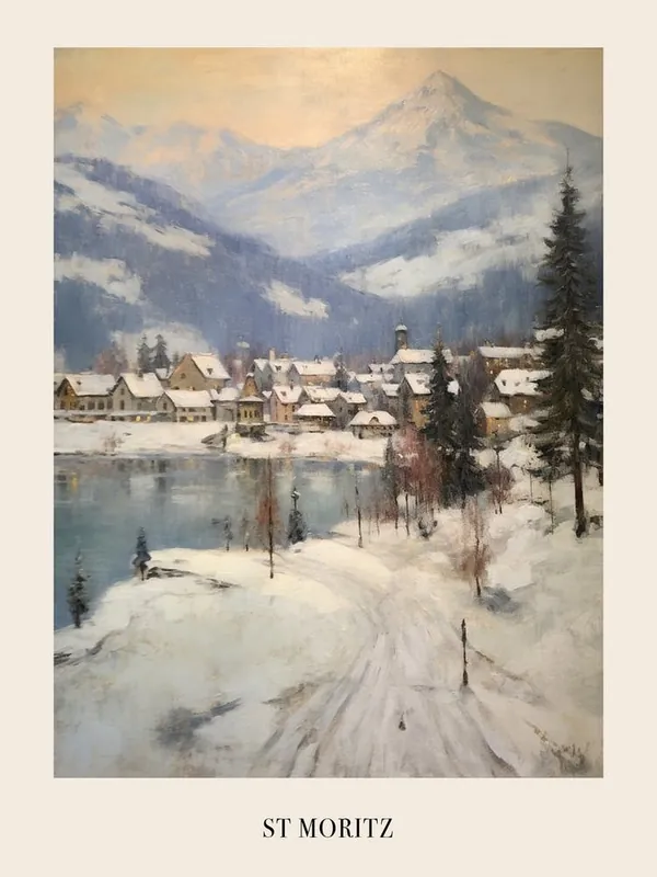 Exclusive Vintage Winter Painting Poster St Moritz Switzerland 2