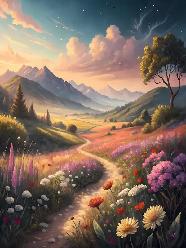 Next Day Delivery Dreamy Countryside with Vivid Flowers Oil Painting Style