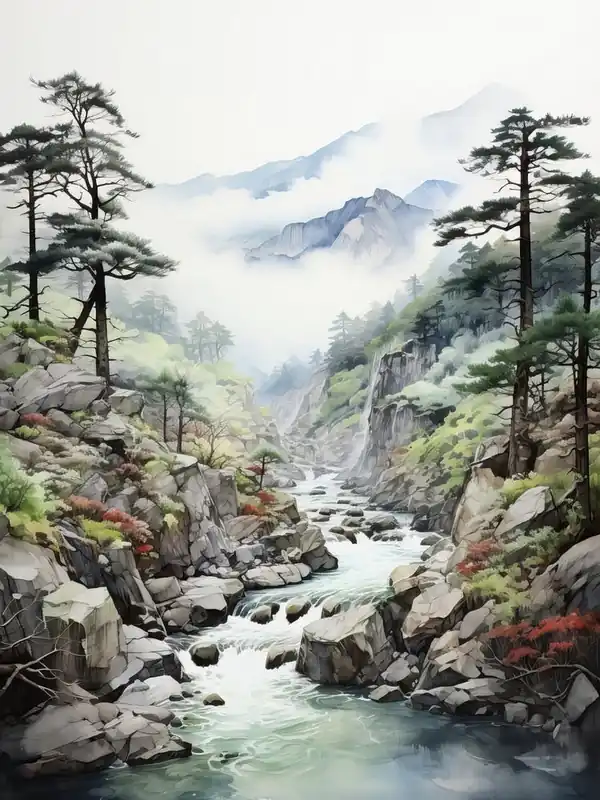 Factory Price Shosenkyo Gorge In Yamanashi, Japanese Brush Painting, Ukiyo E, Minimal 2