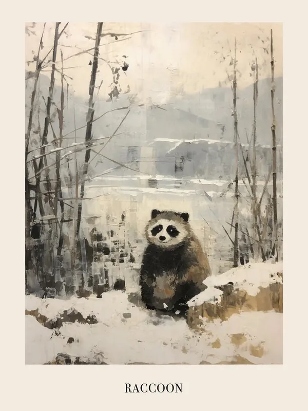Vintage Winter Animal Painting Poster Raccoon 3 Deal