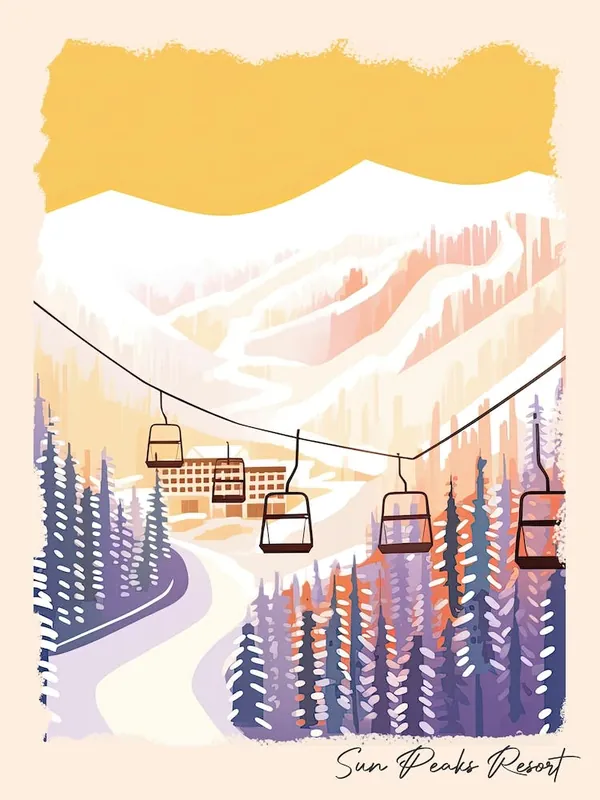 Poster Of Sun Peaks ResortBritish Columbia, Canada, Ski Resort Pastel Colours Illustration 1 Price Drop