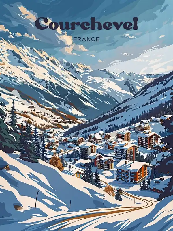 Courchevel France Skiing Travel Art Illustration Limited Time