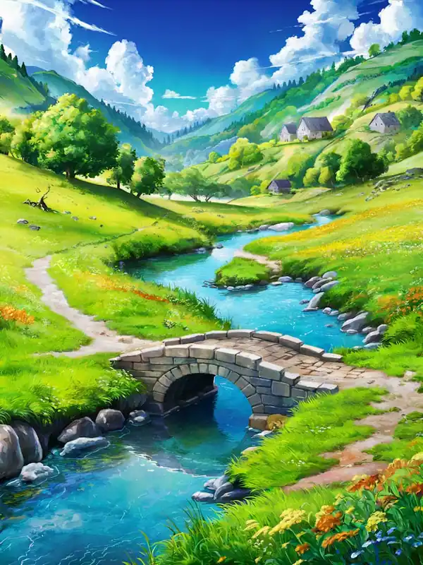 Lofi Anime Art: Picturesque countryside with a stone bridge, vibrant wildflowers, and rolling green hills. Perfect for peaceful and nostalgic vibes. Final Sale
