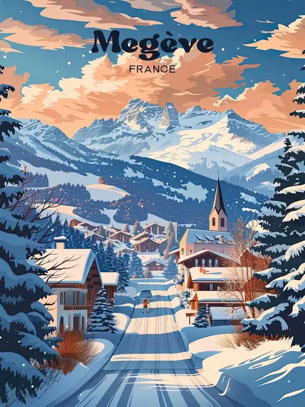 Brand New Megeve France Mountain Ski Digital Travel Art