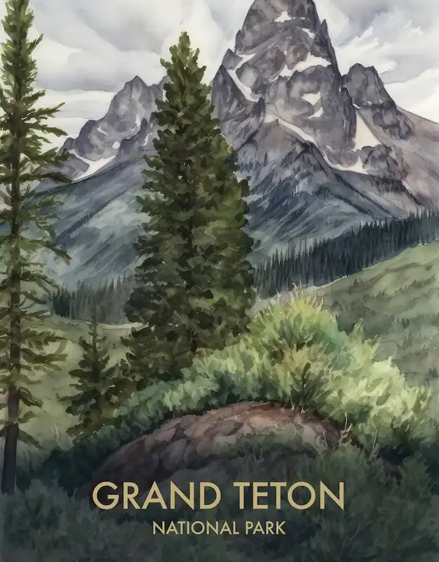 Grand Teton National Park Watercolour Vintage Travel Poster 3 Big Sale
