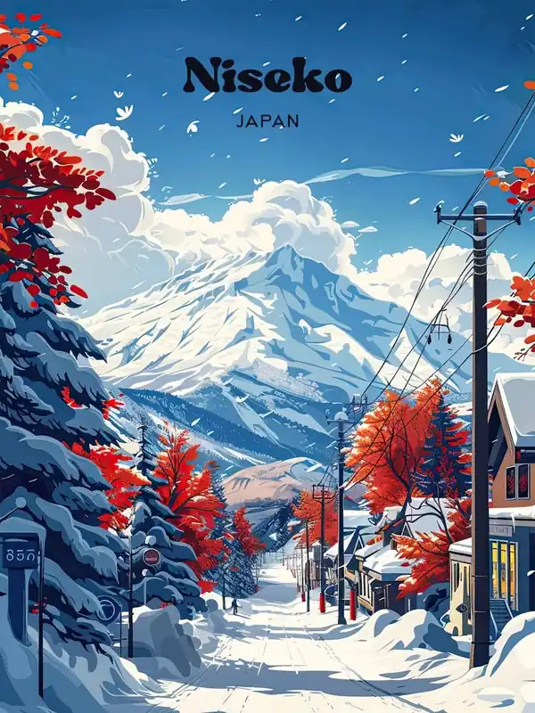 Limited Time Niseko Japan Powder Snow Travel Art Illustration