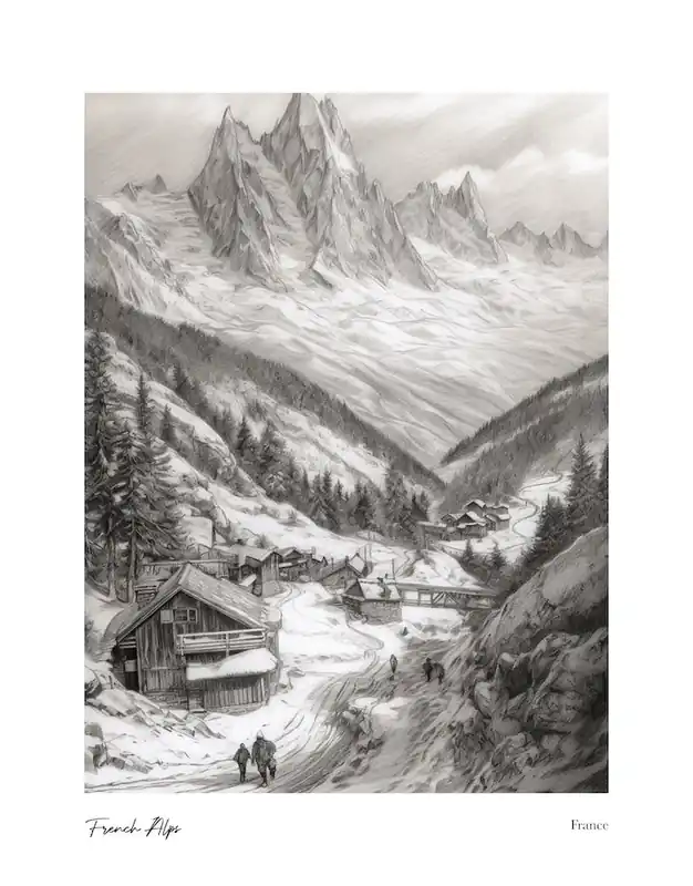 French Alps France Pencil Sketch 7 Watercolour Travel Poster Free Shipping