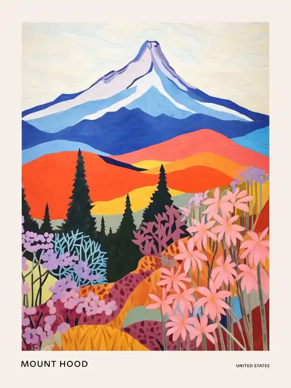 Mount Hood United States 1 Colourful Mountain Illustration Poster Same Day Shipping