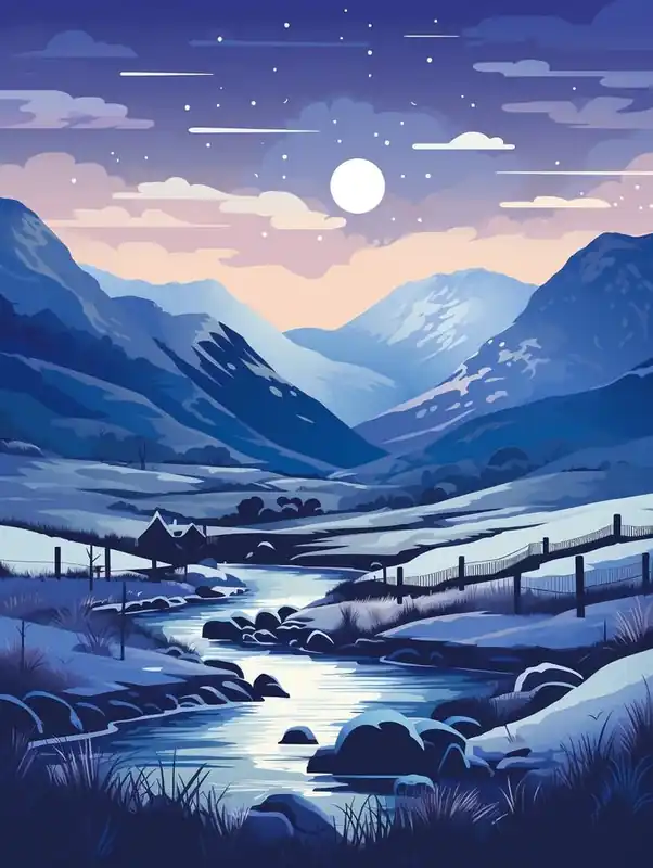Winter Travel Night Illustration Snowdonia National Park 2 Shop Now