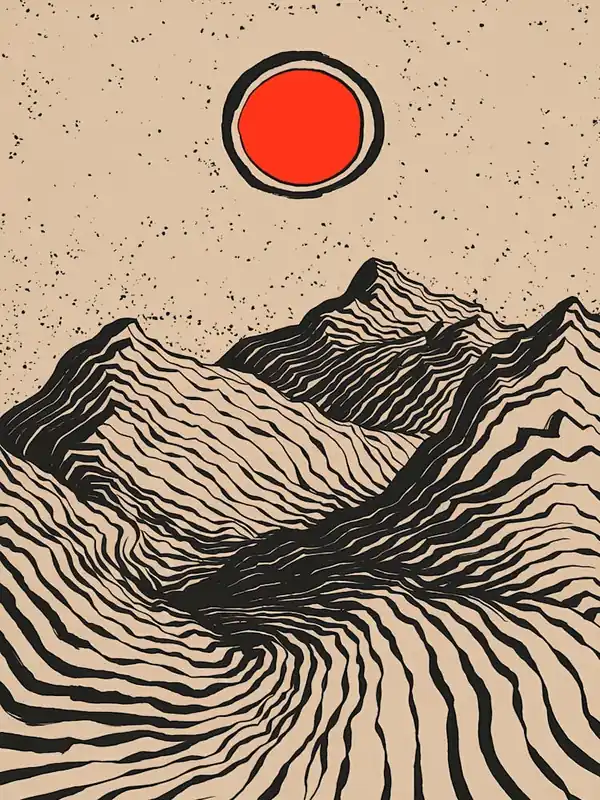 A minimalist pen and ink drawing of a mountainous 3 Warranty Included