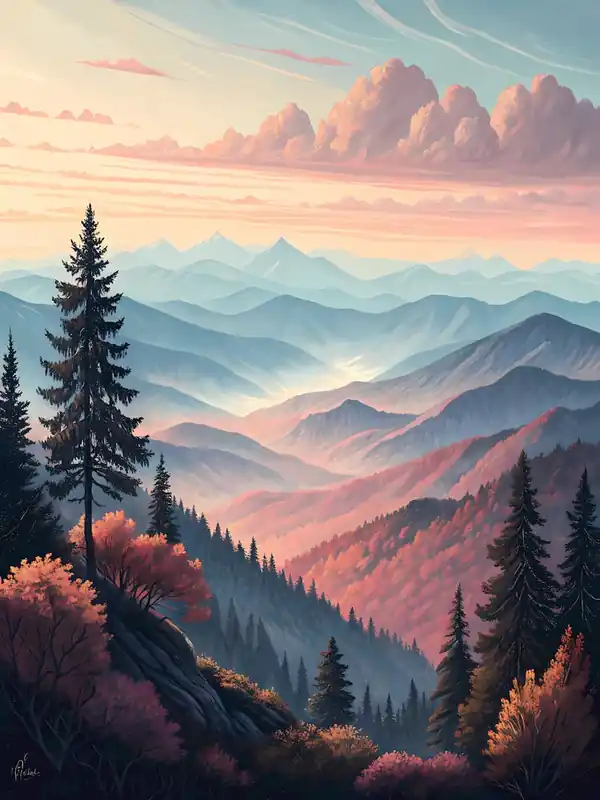 No Minimum Order Oil Painting Style Sunrise Mountain Range Misty Landscape with Autumn Colors