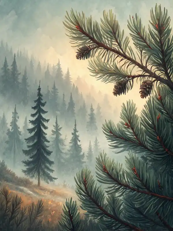 Oil Painting Style Stylized Pine Needles Over Fogg Holiday Sale