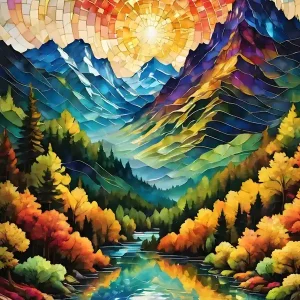 Underneath a Rainbow Sky ~ Stained Glass and Mosaic Colorful Landscape of Mountains, Sunshine, Trees and Lake Professional Grade