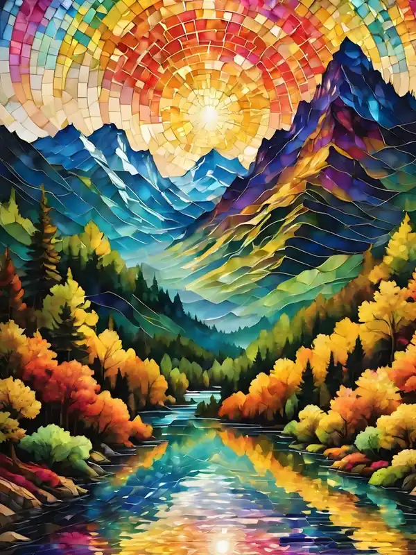 Underneath a Rainbow Sky ~ Stained Glass and Mosaic Colorful Landscape of Mountains, Sunshine, Trees and Lake Professional Grade