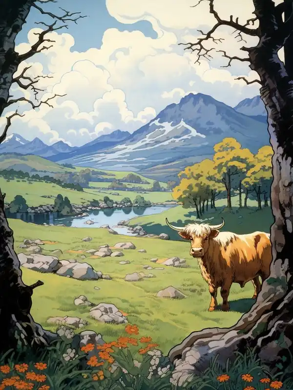 Warranty Included Highland Cow In The Distance With A Pictureque Valley